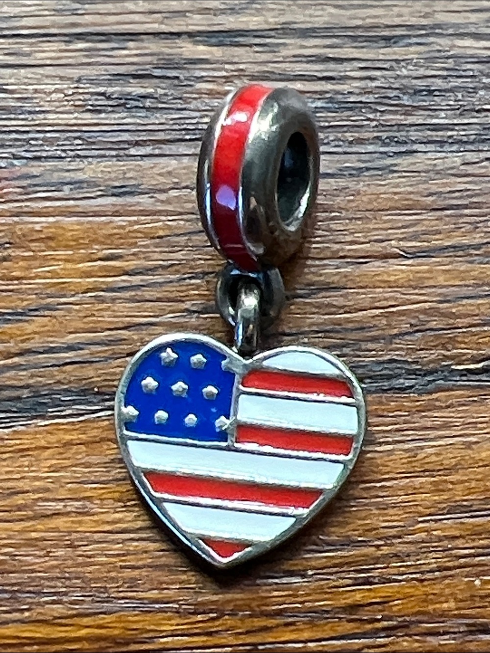 Authentic Pandora Retired USA American Flag Heart Dangle Charm 925 Silver Ring